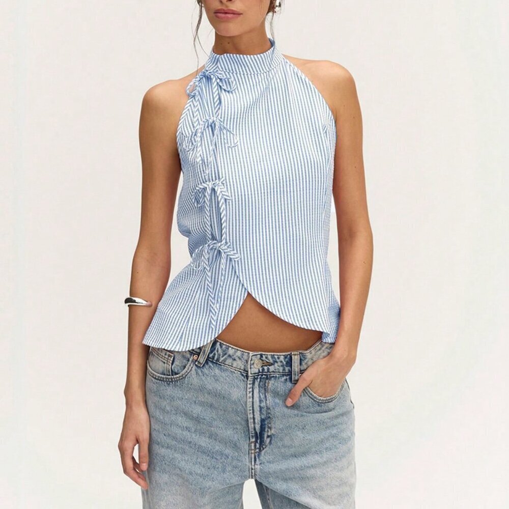 Blue And White Casual Women's Chinese Style Sleeveless Stripes Bows Detail